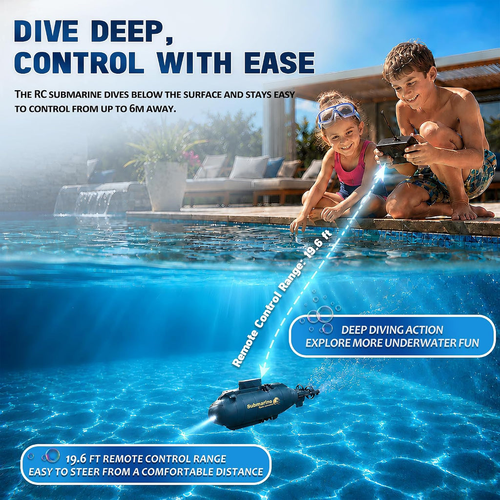 Mini RC Submarine for Kids, Remote Control Electric Dive Boat with Lights | STEM Water Toy for Pool, Bathtub and