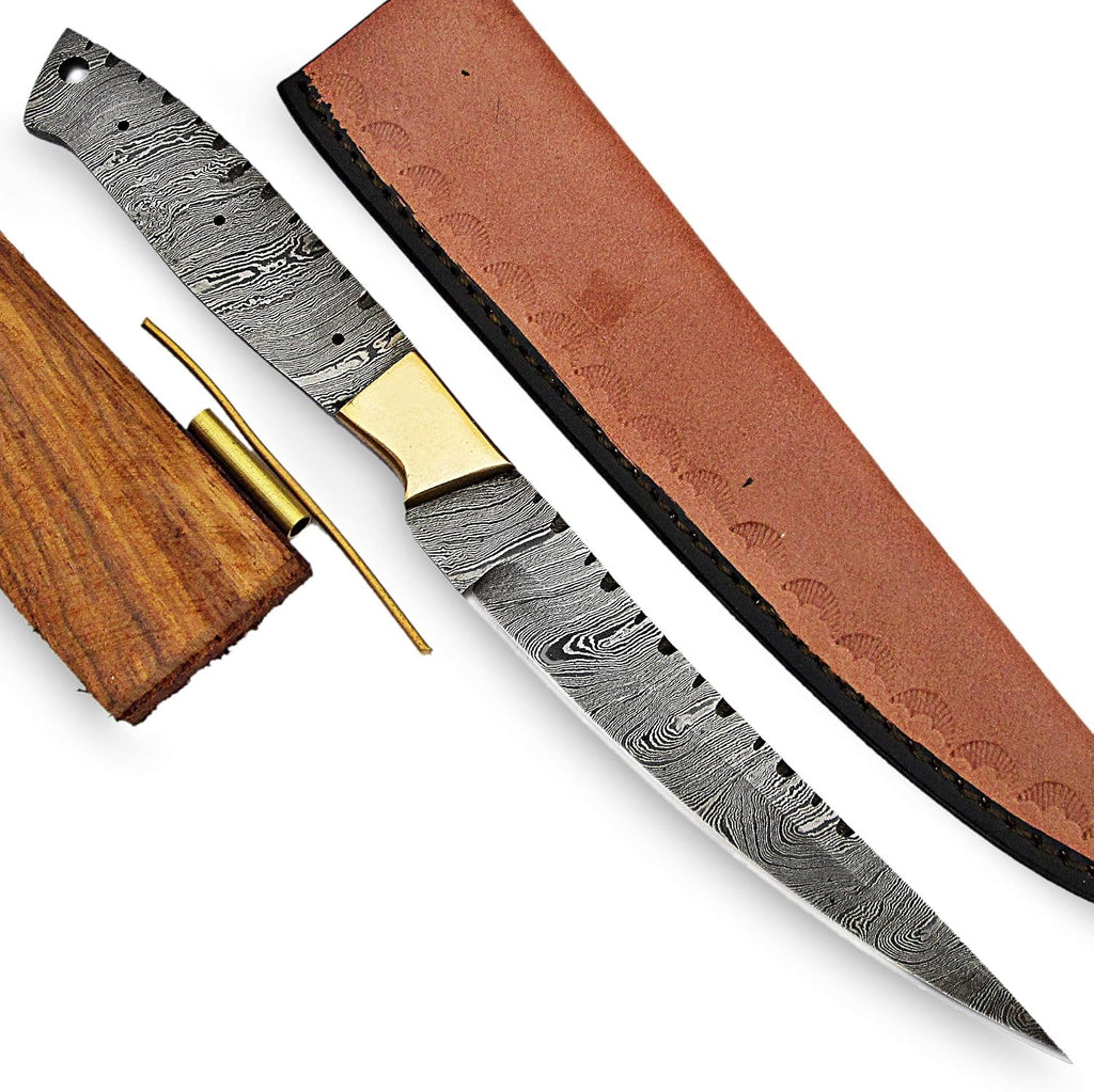 Damascus Steel Fillet Knife Making Kit – DIY Handmade Blank Blade with Rosewood Handle Scales, Brass Pins & Leather