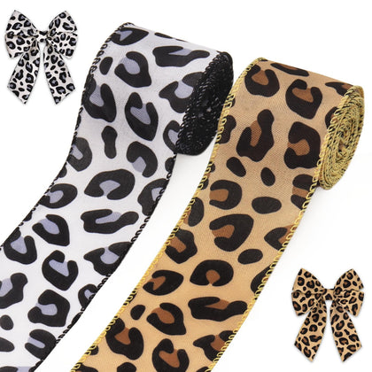 2 Rolls Leopard Print Ribbons for Crafting, 2.5 Inch × 5 Yards Brown White Burlap Ribbon Hunting Theme Ribbons Retro