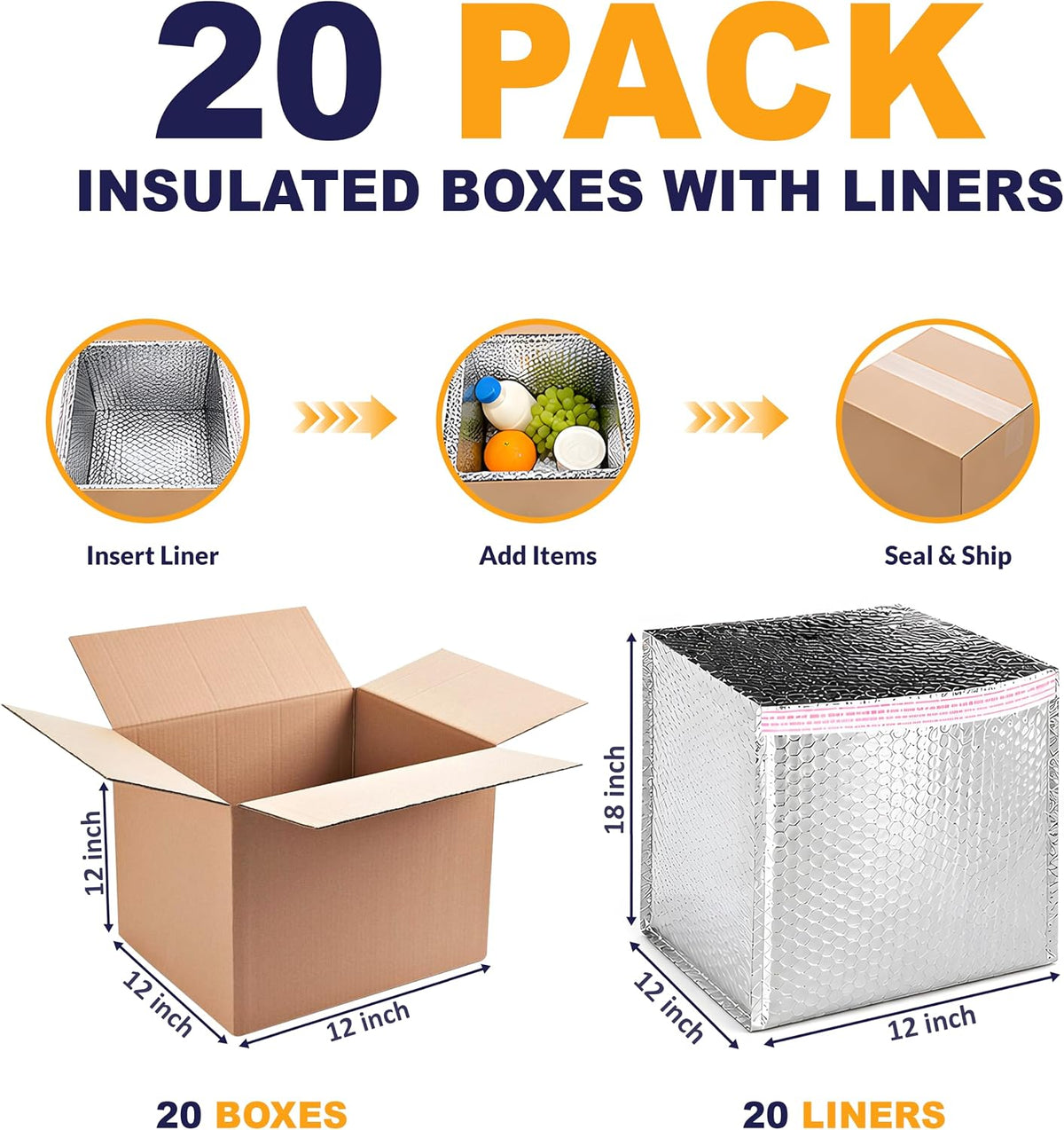 Insulated Box Liners 12x12x12 with 20 Boxes, Self-Seal Thermal Cold Kit