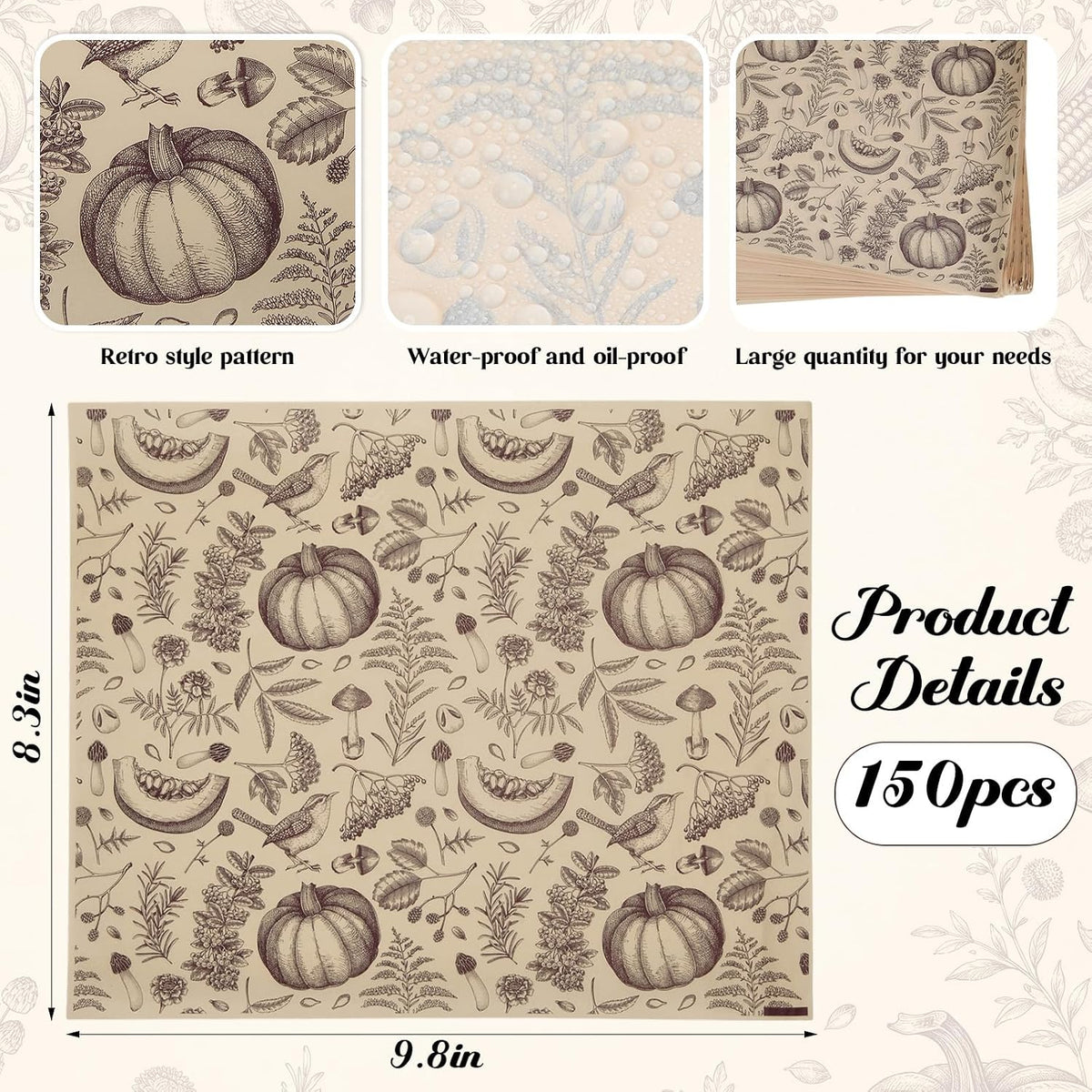 150 Pcs Fall Deli Wax Paper Sheets for Food Pumpkin Bird