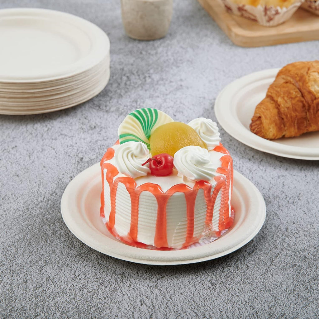 350 Pack Compostable Bagasse Paper Plates 6.9 inch, Nature