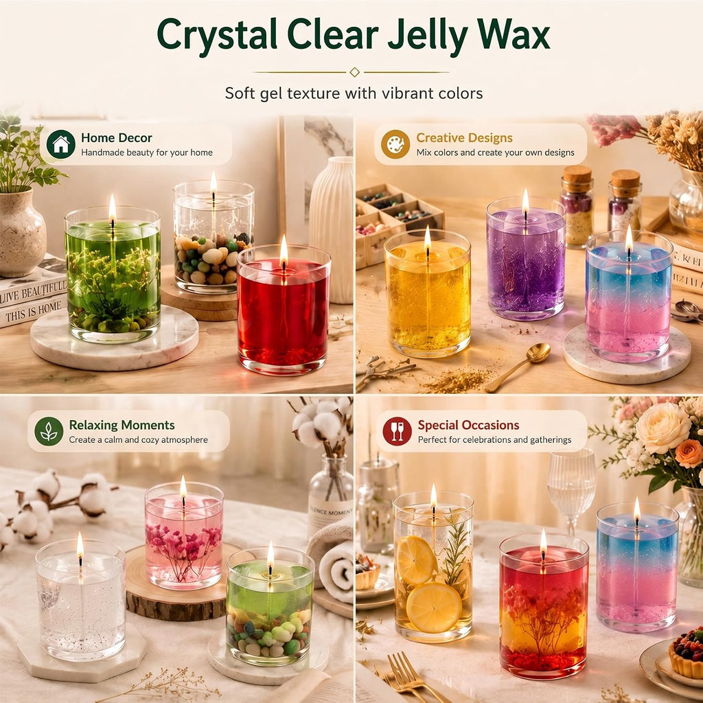 Jelly Candle Making Kit,9pcs Gel Wax -7 Colors Candle Making kit，Includes Wax Wicks Wick Stickers，Wooden Wick Holders