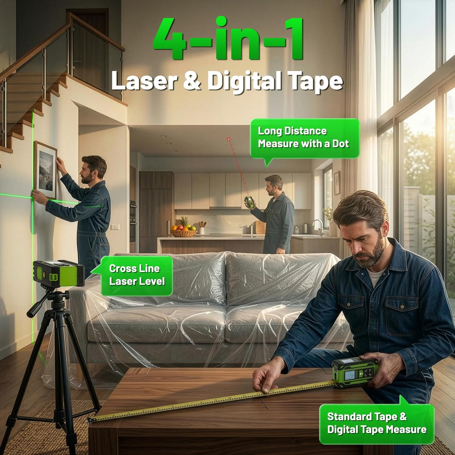 Digital Laser Tape Measure 4-in-1, HUEPAR ±1/16" Laser Measure with Dual HD Display, 200Ft Rechargeable Laser