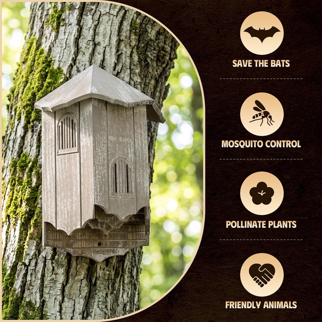 Bat House for Outdoors, Castle 3-Chamber Bat Box, 100-Capacity