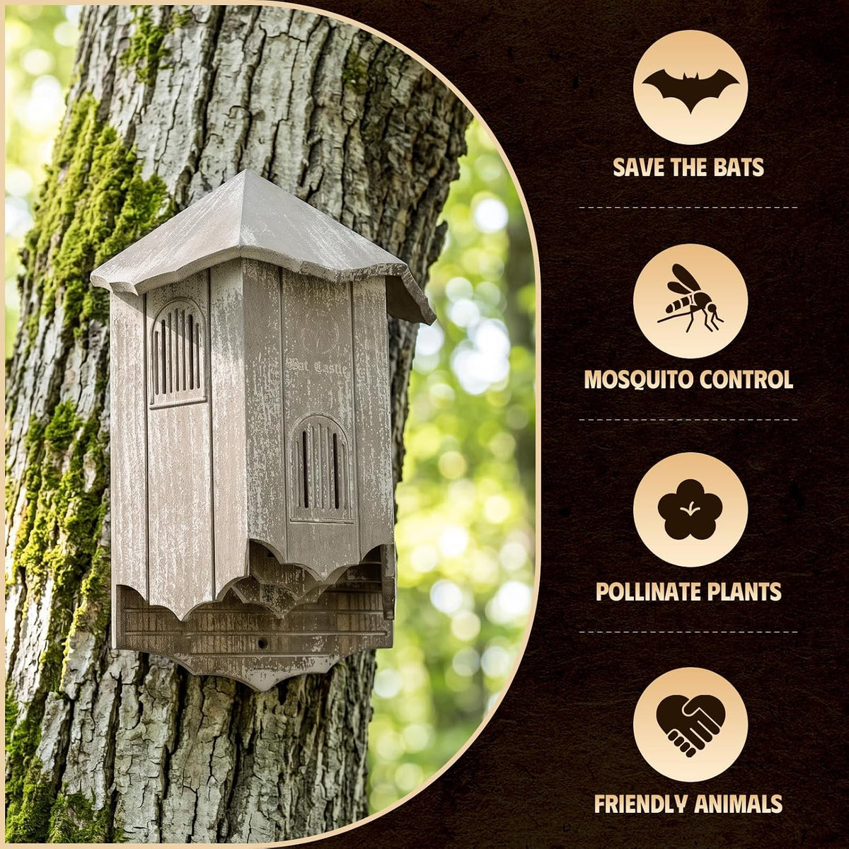Bat House for Outdoors, Castle 3-Chamber Bat Box, 100-Capacity