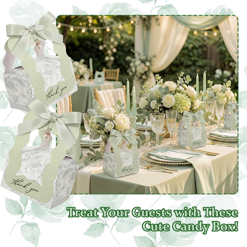 50 Sets Floral Wedding Favor Boxes with Pearl Pendant Bow, Green