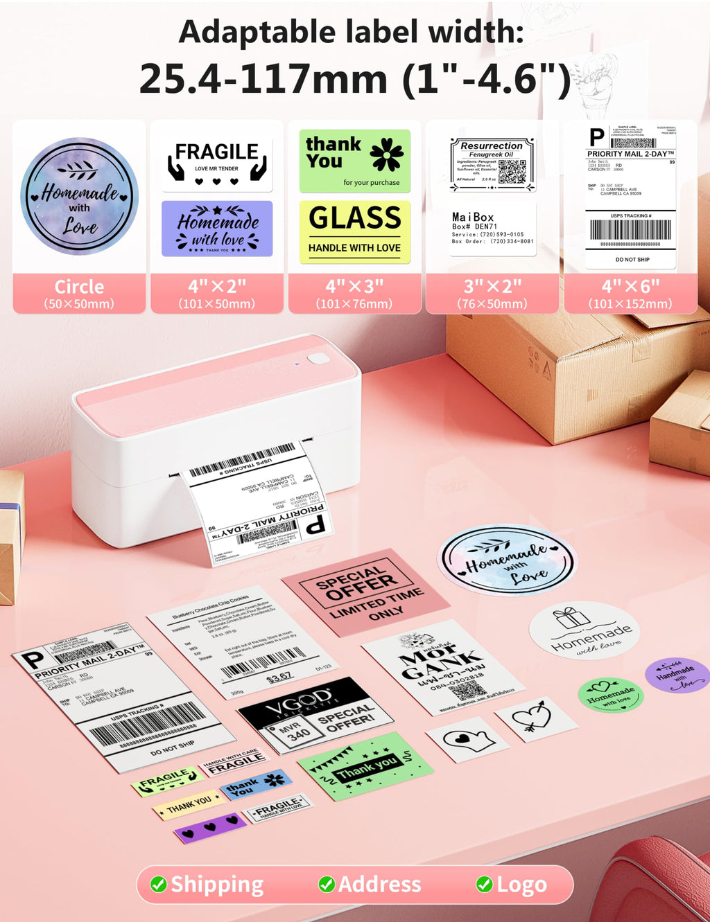 Bluetooth Thermal Shipping Label Printer with Holder & 500pcs Label