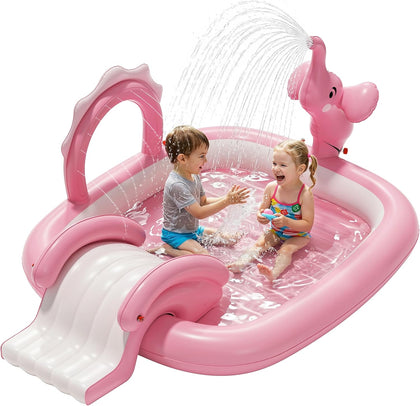 Elephant Kids Pool with Slide and Sprinkler, Inflatable Play Center with 4 Rings, 72 × 64 × 37 in, Fast Inflation
