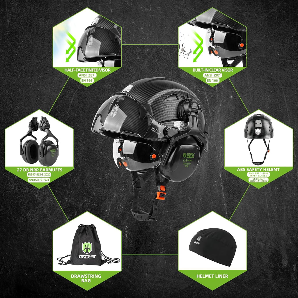 Hard Hat Safety Helmet with Visor and Ear Muffs Men Women Vented Work Hardhat ANSI Z89.1 Cascos De Construccion for