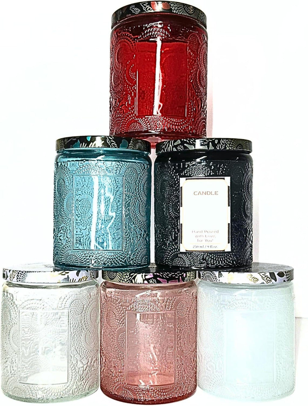 9oz/250ml Embossed Candle Jars – 6 Pack Empty Glass Containers with Tin Lids, Sticker & Warning Labels for Candle