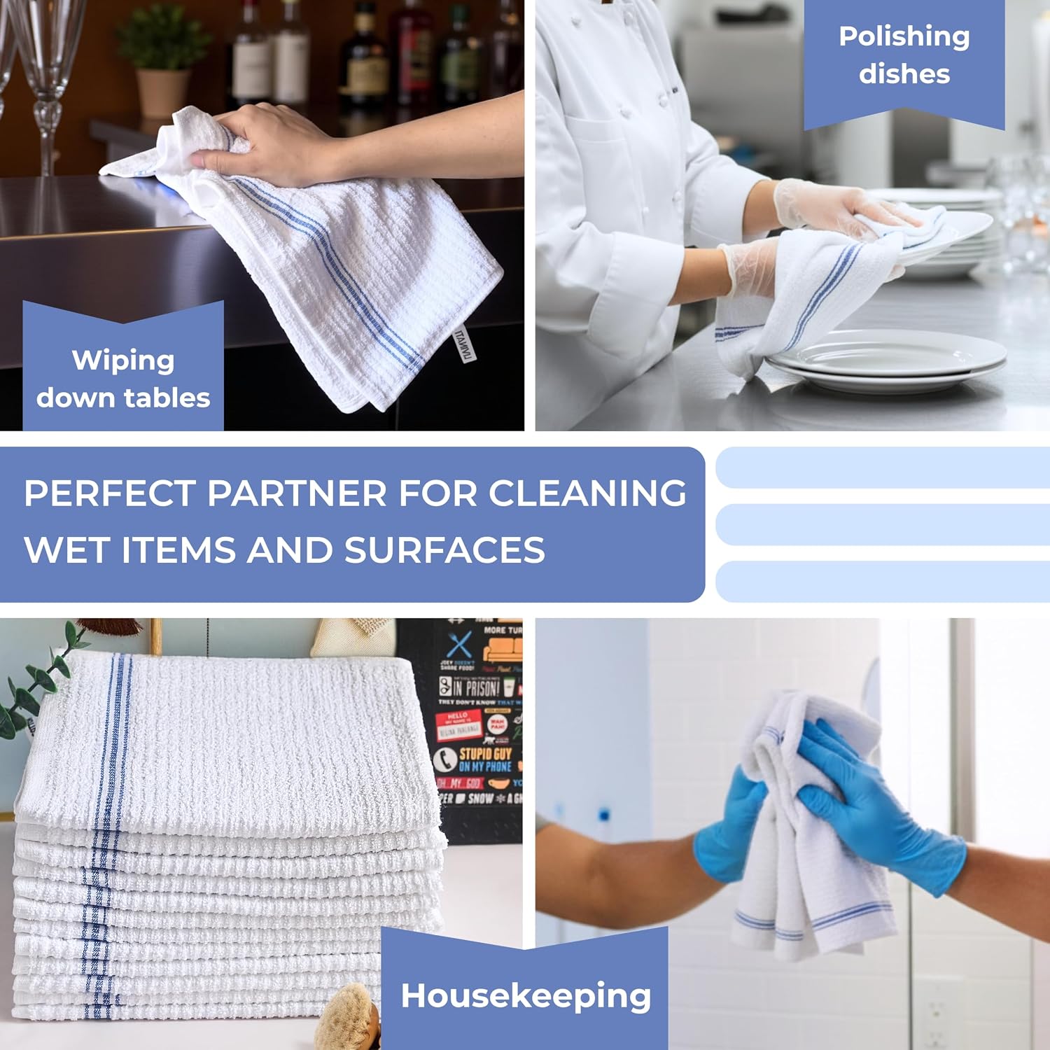 White Cotton Bar Towels for Kitchen - Rags for Bartenders - Bulk Commercial Grade Utility Terry Mops Dish Cloths for