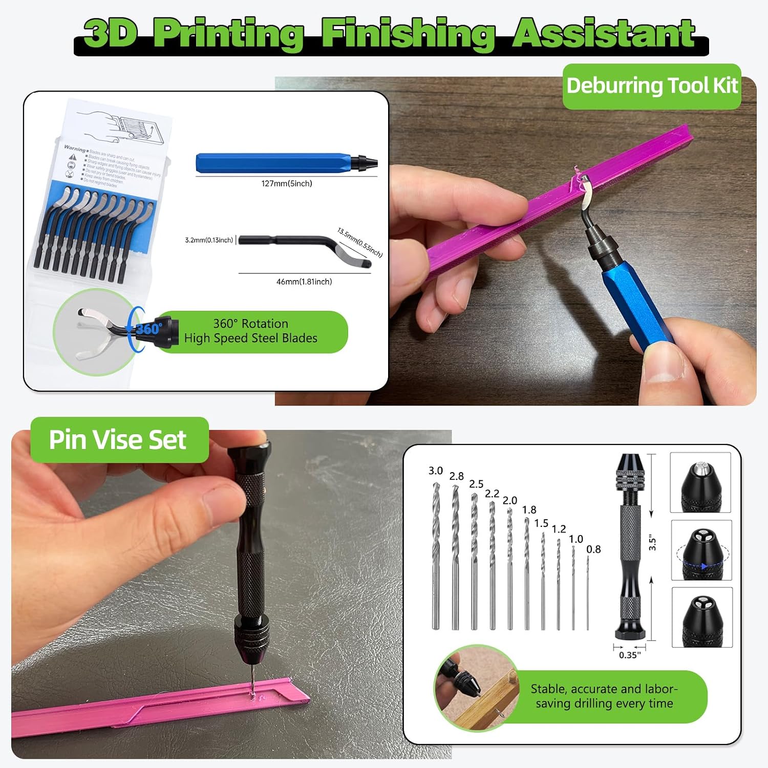 3D Printing Tool Set with Wood Box – 3D Printer Tools Features a deburring Tool, Wire Cutter, Drill, and Scraper for