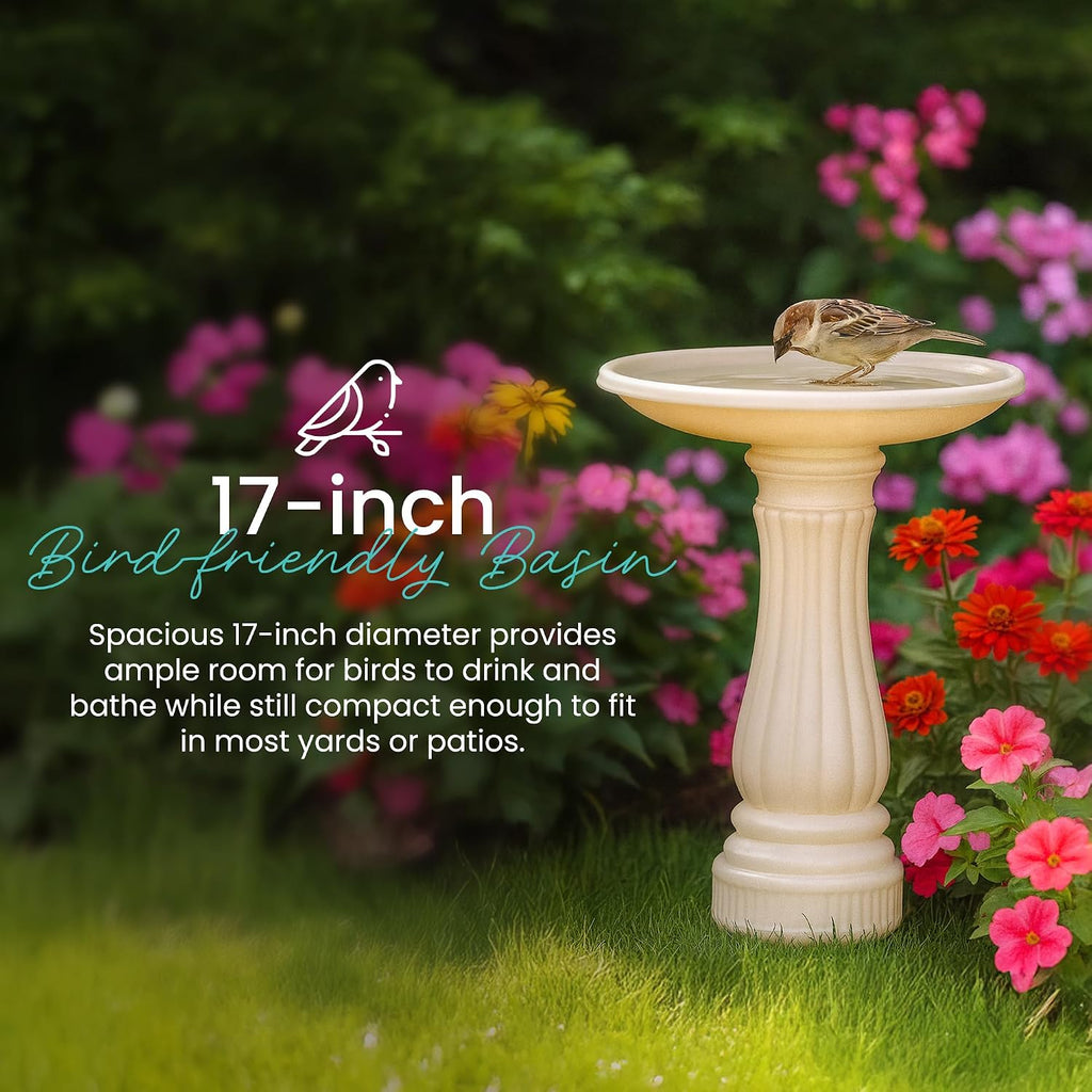 Round Outdoor Bird Bath, Fillable Base, 17" D x 25" H, White