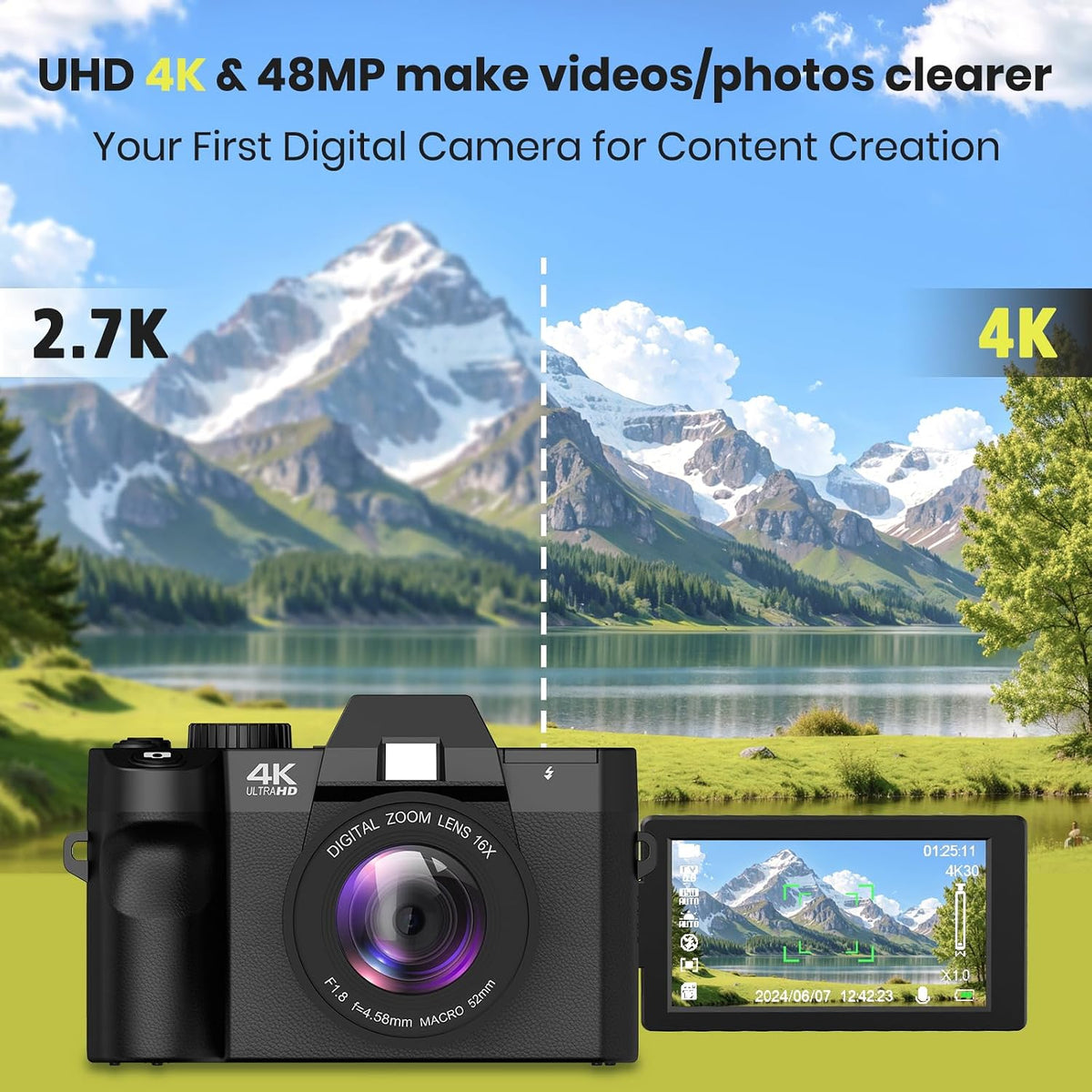 48MP Digital Camera 4K Video 3-Inch LED Display 16X Optical Zoom Auto Focus 180° Flip Screen, 4K Vlogging Cameras