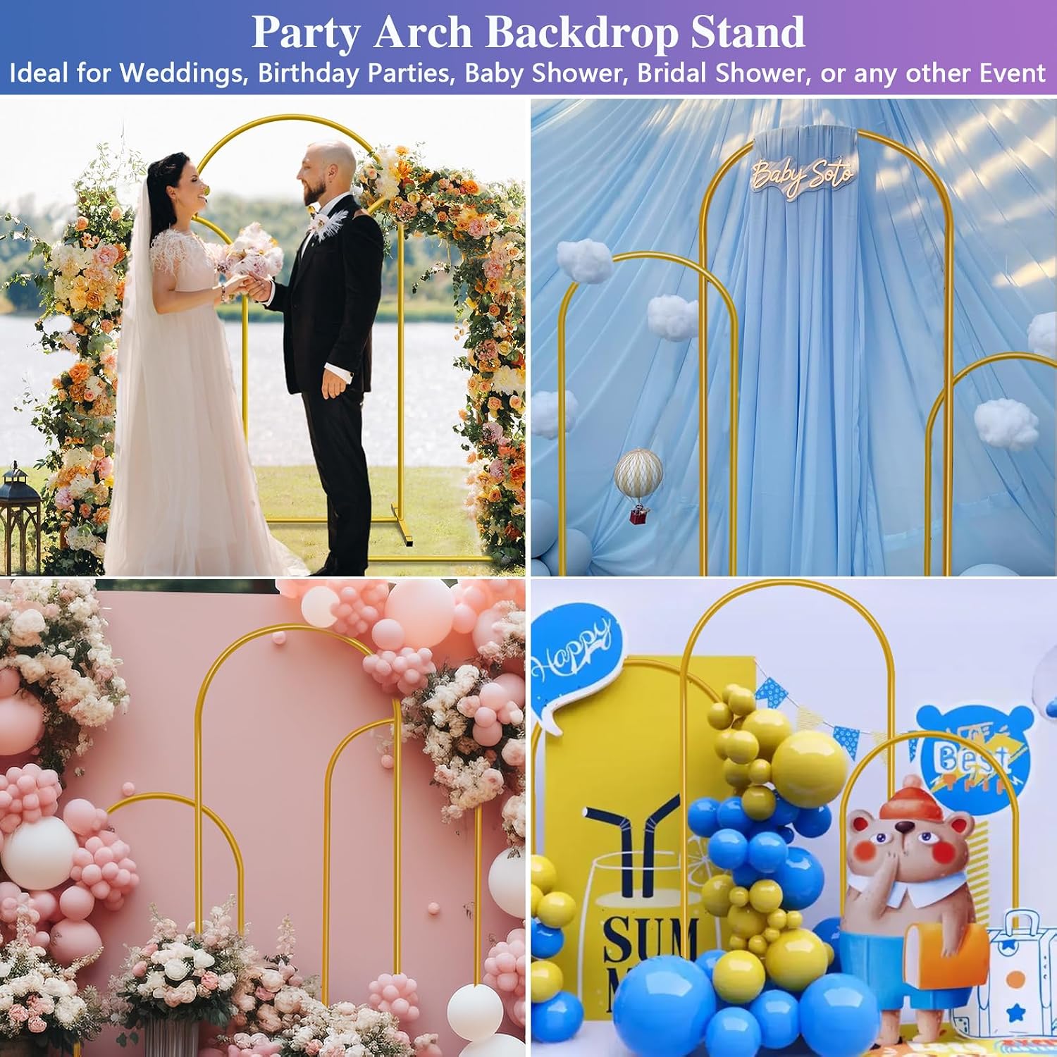 Metal Arch Backdrop Stand, Gold, Set of 3, 6FT, 5FT, 4FT