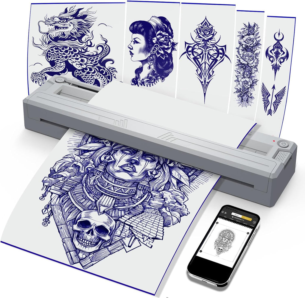 New Tattoo Stencil Printer - Wireless Bluetooth Thermal Kit with 10 Transfer Papers, Fits Custom-Size A4-A8 Width