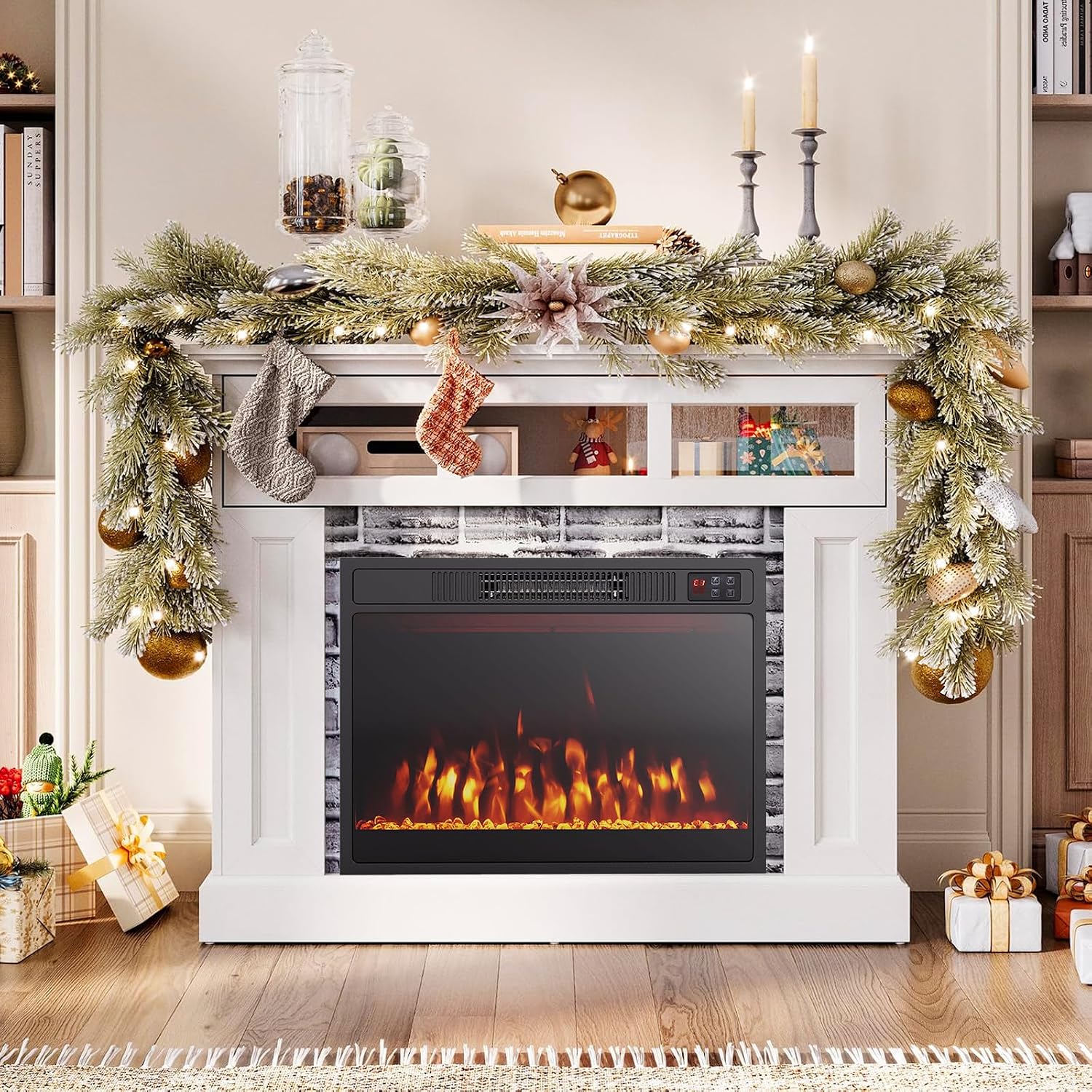 23-inch Electric Fireplace Inserts - 750W/1500W Fireplace Heater w/3 Flame Color, Adjustable Crystal Brightness