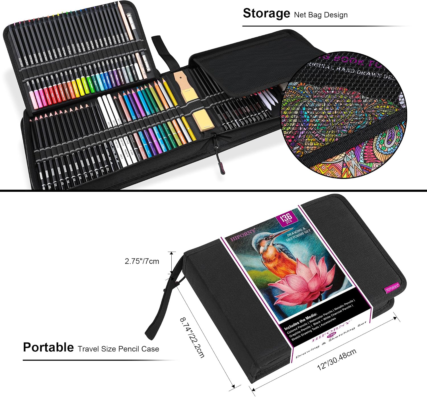 136 PCS Drawing & Sketching Set,Pro Art Supplies with Graphite,Charcoal,Colored,Watercolor,Metallic Pencils,Blending
