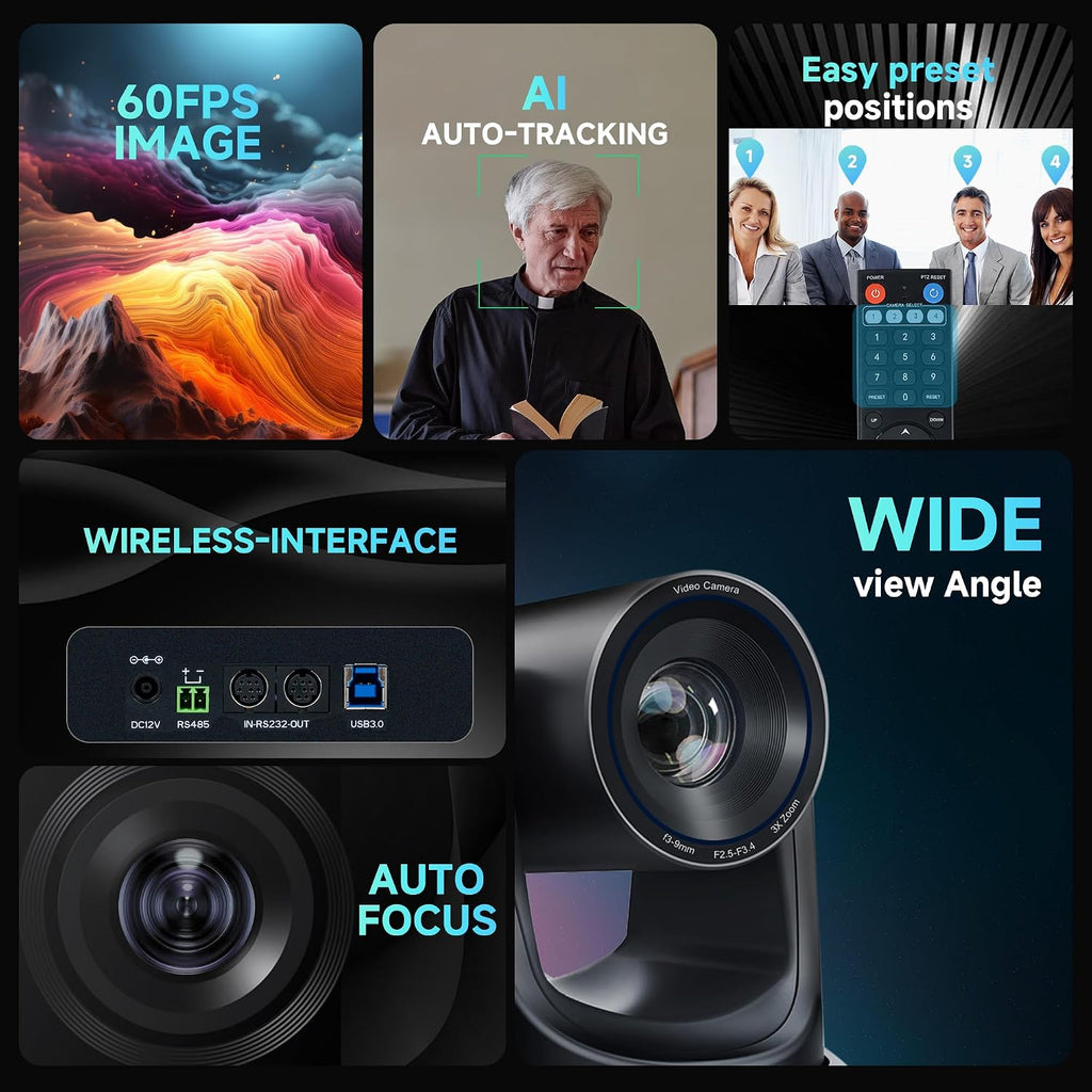 AI Wireless PTZ Camera System with Auto Tracking Built-in Receiver & Bluetooth Speakerphone, 5.8GHz 1080P 60fps