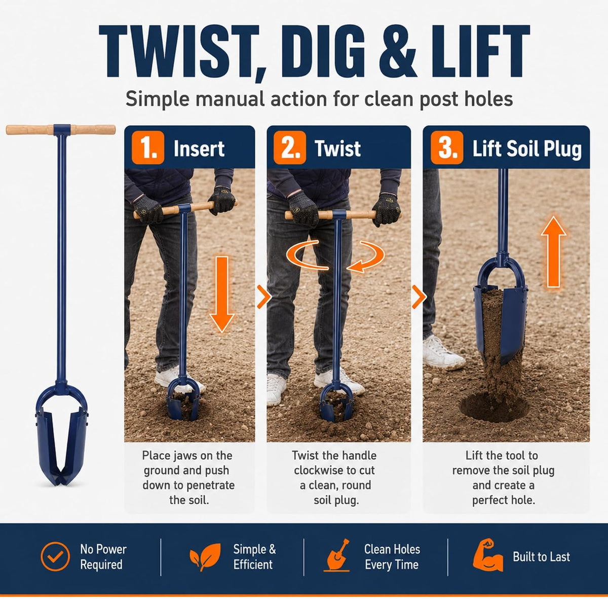 Post Hole Digger Tool 6"x 46" Hand Auger T Handle Heavy Duty Adjustable Lawn Auger Post Hole Digger Sharp Blades