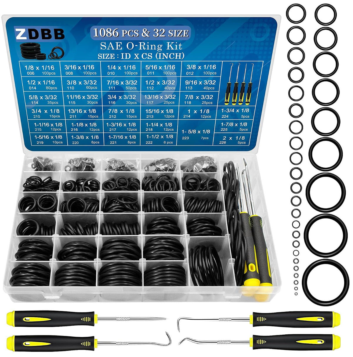 ZDBB 1086 Pcs SAE Standard O Ring Kit Nitrile Rubber O-Rings Assortment