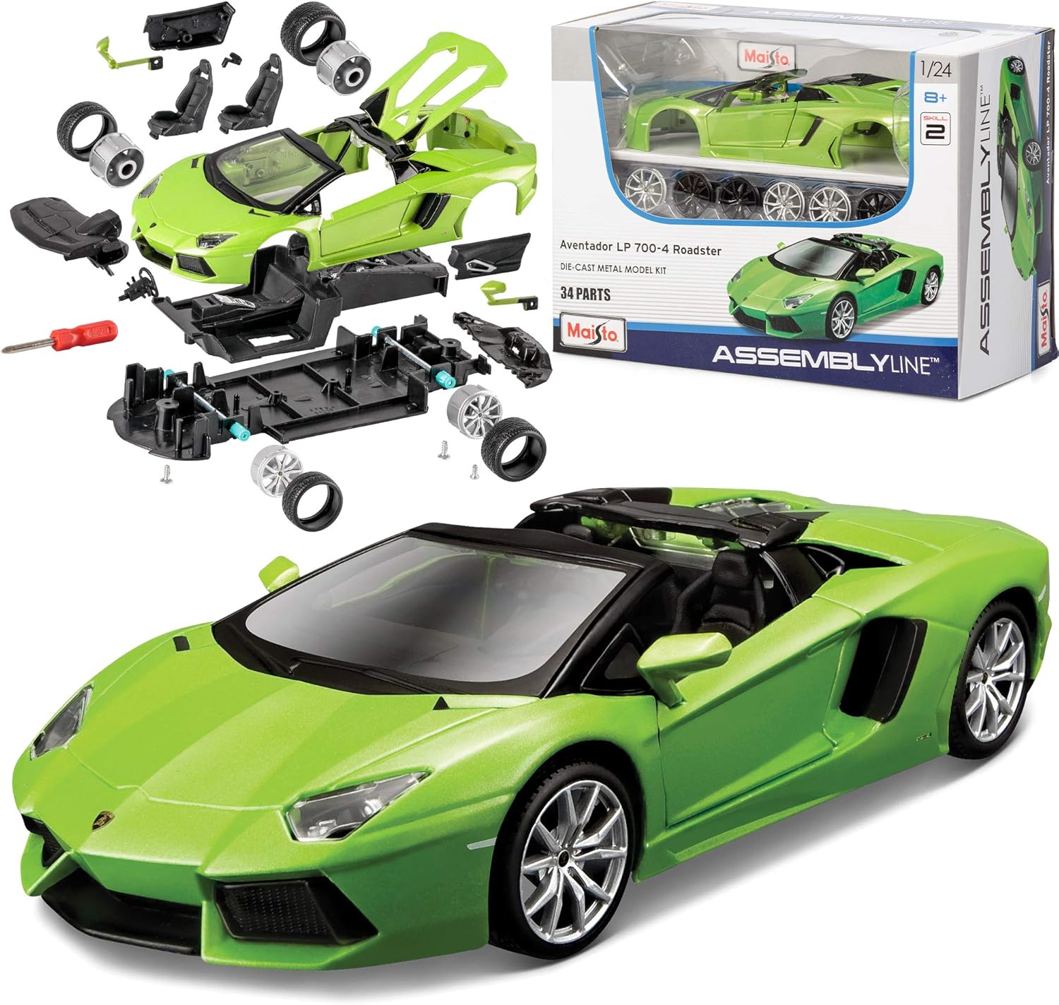 Assembly Line Lamborghini Aventador Roadster Die Cast Model Kit (1:24 Scale), Colors May Vary