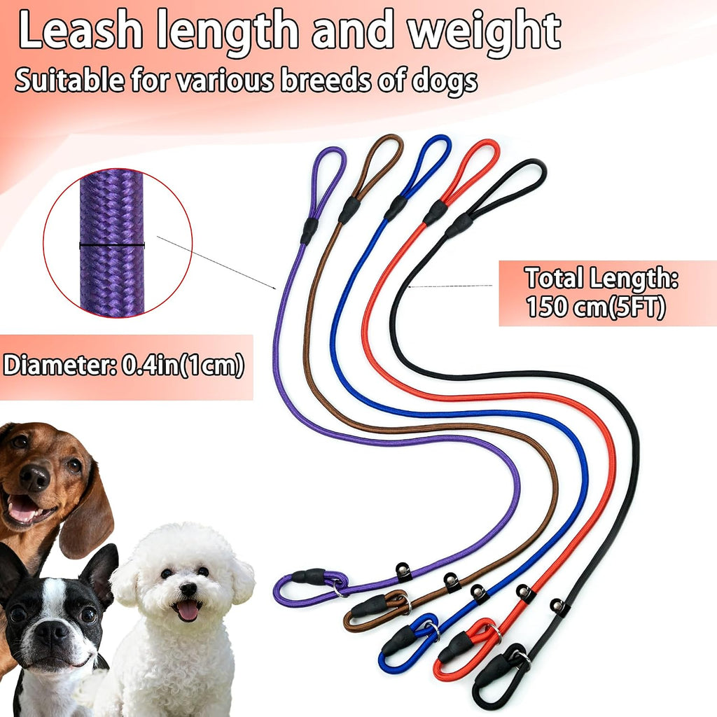 5-Pack Dog Slip Leashes 4.6FT Nylon Training Lead, 5 Colors