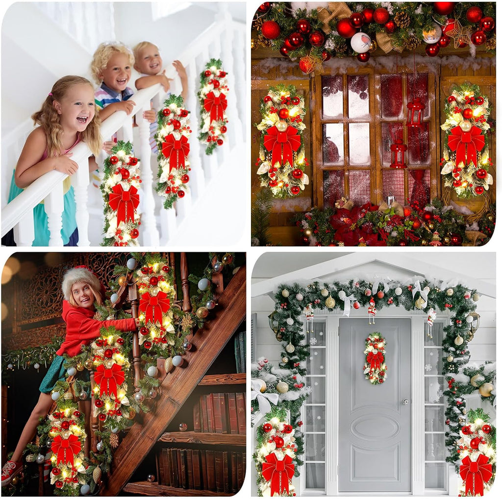 4 Pcs 19.7 Inches Light up Christmas Stair Swags LED Prelit Teardrop Swag Norfolk Pine Garland Artificial Stairs