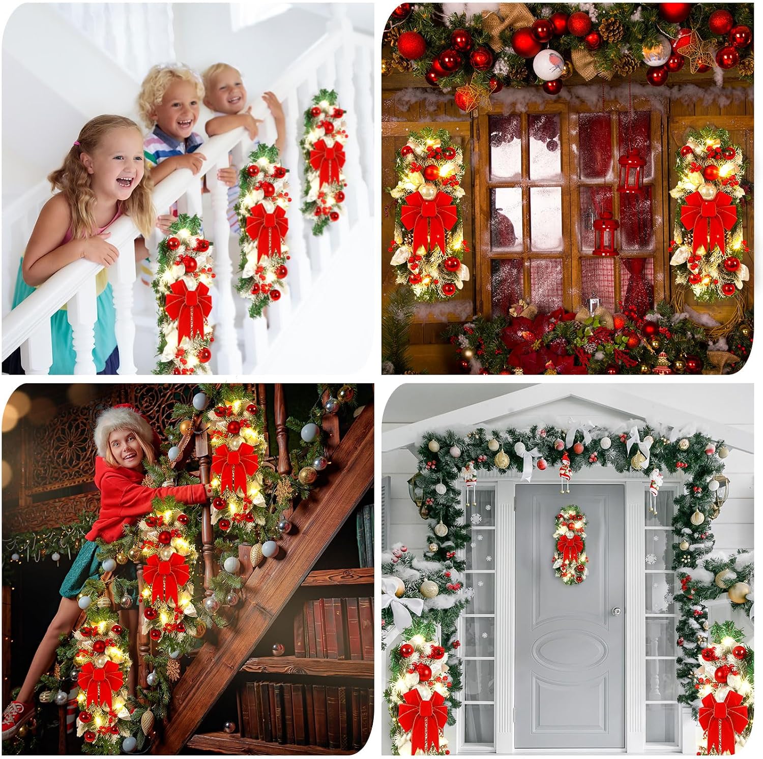 4 Pcs 19.7 Inches Light up Christmas Stair Swags LED Prelit Teardrop Swag Norfolk Pine Garland Artificial Stairs