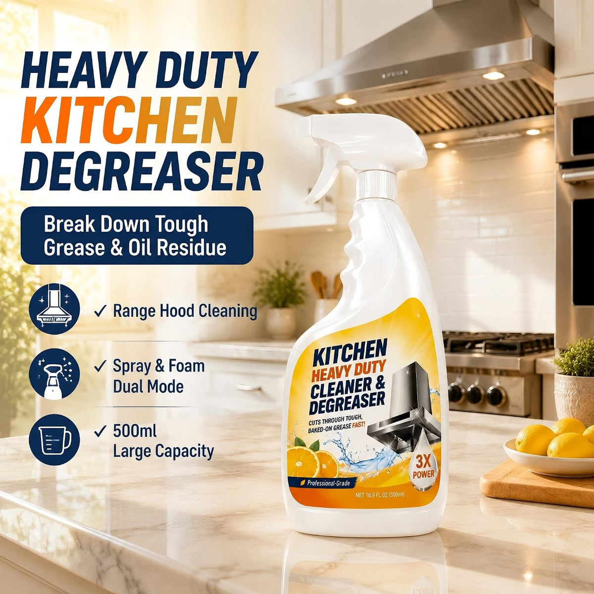 Kitchen Degreaser Spray, Heavy Duty Foaming Grease Remover, 16.9 fl oz