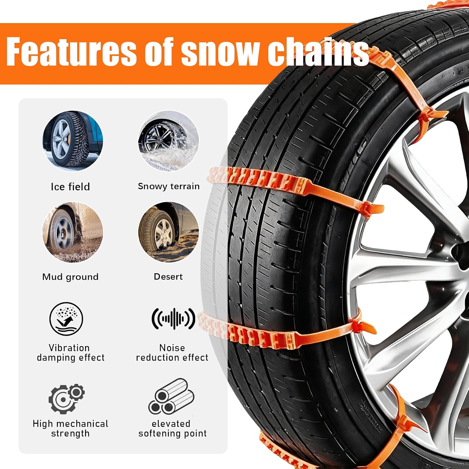12 Pcs Reusable Snow Chains，Universal Emergency Adjustable Anti-skid Tire Chains Fit for Universal Winter Car Truck