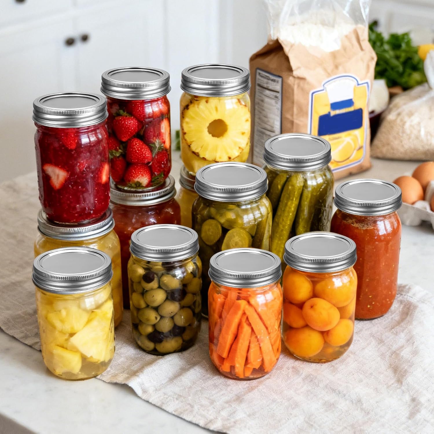 Stainless Steel Regular Mouth Canning Lids and Rings, Airtight/Rustproof Mason Jar Lids with Bands Set of 4