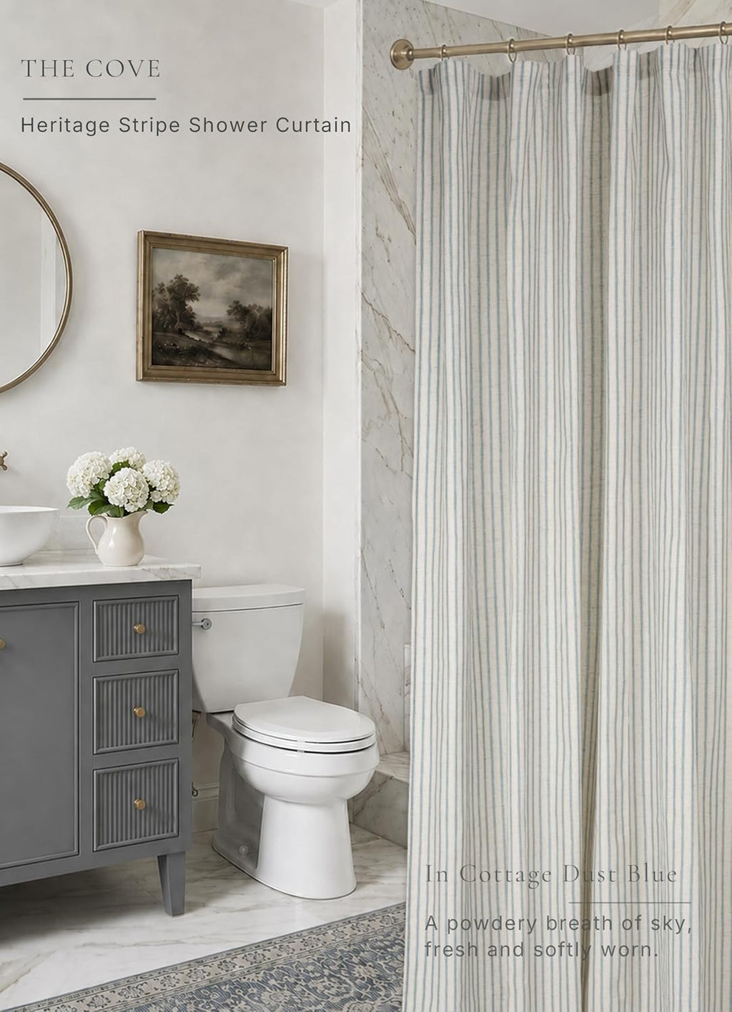 Farmhouse Striped Shower Curtain Set, Linen Blend Fabric with Detachable Polyester Liner, Breathable & Machine