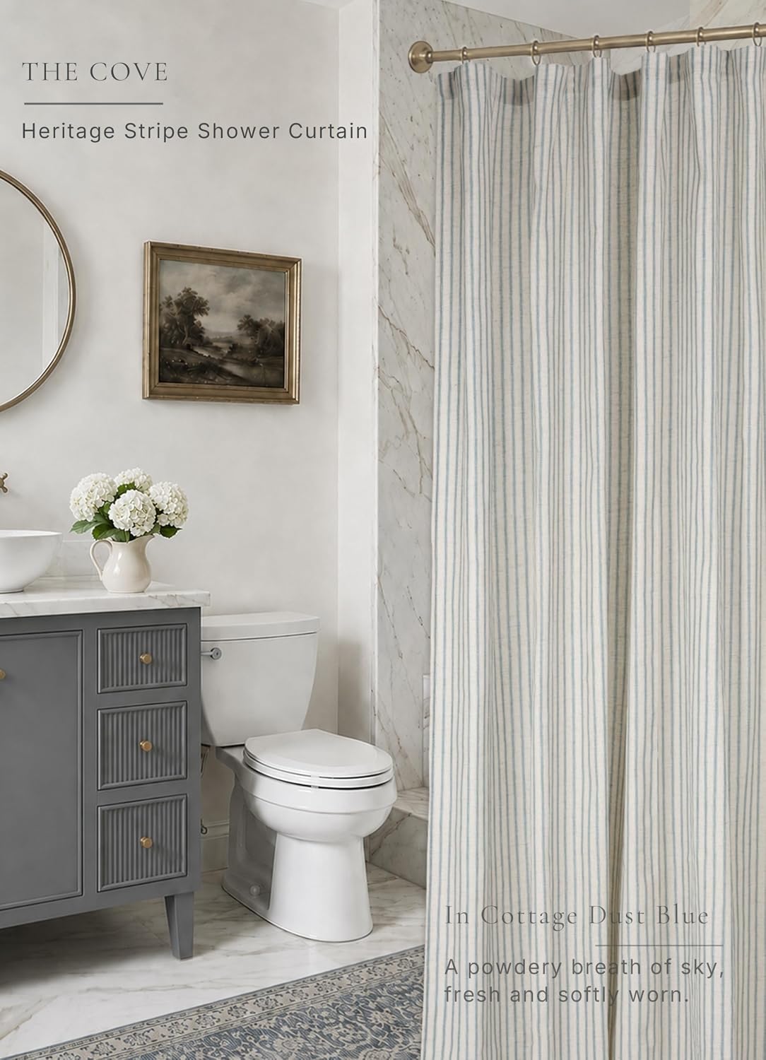 Farmhouse Striped Shower Curtain Set, Linen Blend Fabric with Detachable Polyester Liner, Breathable & Machine