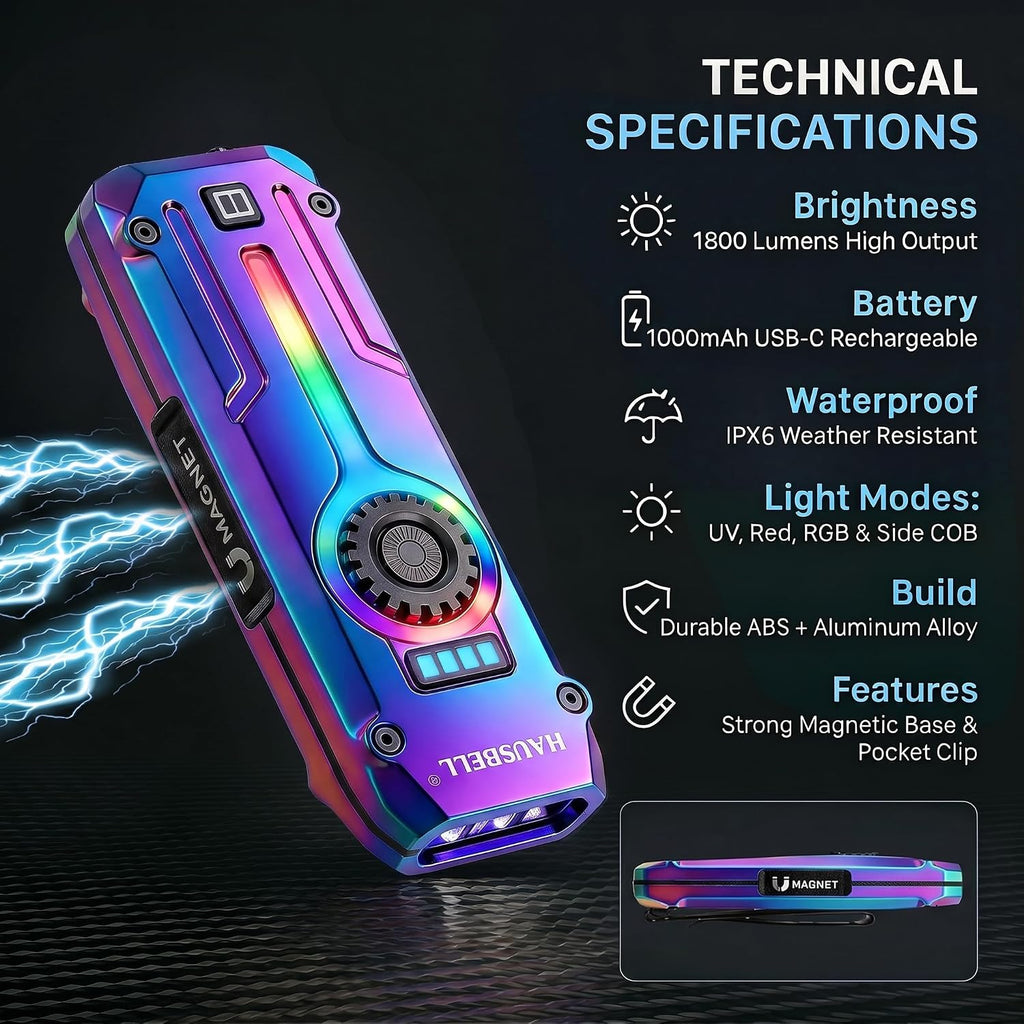 Flat EDC Rechargeable Tactical Flashlight, UV Magnetic LED Small Work light | HAUSBELL 1800 Lumens Pocket Stepless