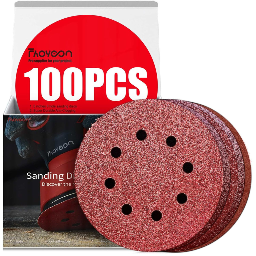 Sanding Disc 5 Inch 8 Hole, 100 Pcs Orbital Sanding Discs Hook and Loop, Sandpaper for Wood, 40 60 80 120 220 Grit