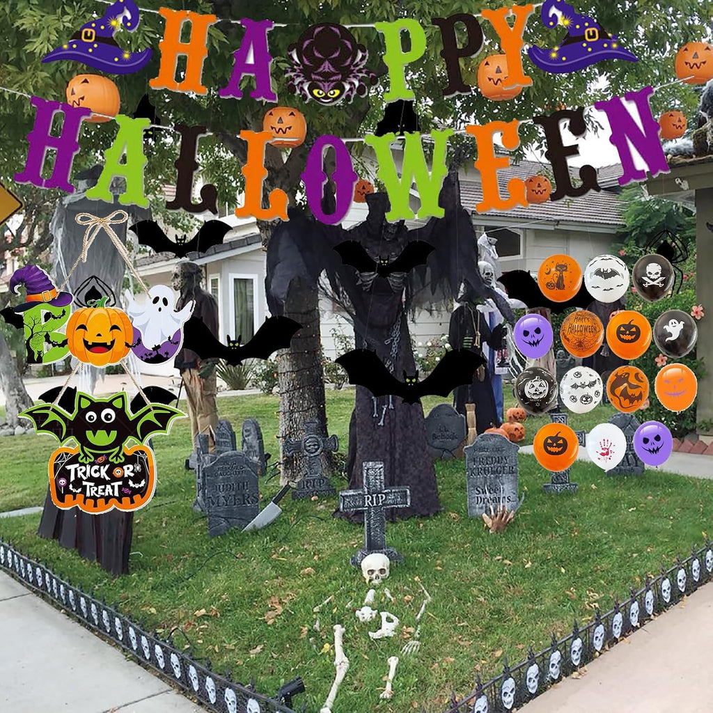 100+ Piece Halloween Decorations Set - All-in-One Kit Halloween Decor with Banner, Hanging Bats, Spider Web