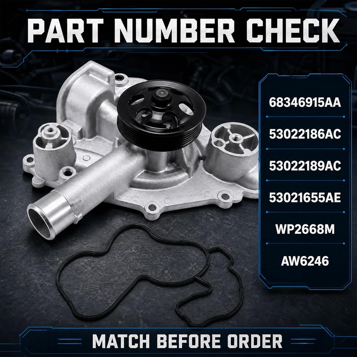 Engine Water Pump V8 for Chrysler 300 2011-2020, Dodge Challenger, Charger 2011-2020, Durango 11-20, Grand Cherokee 2012-2020 OE#AW6653