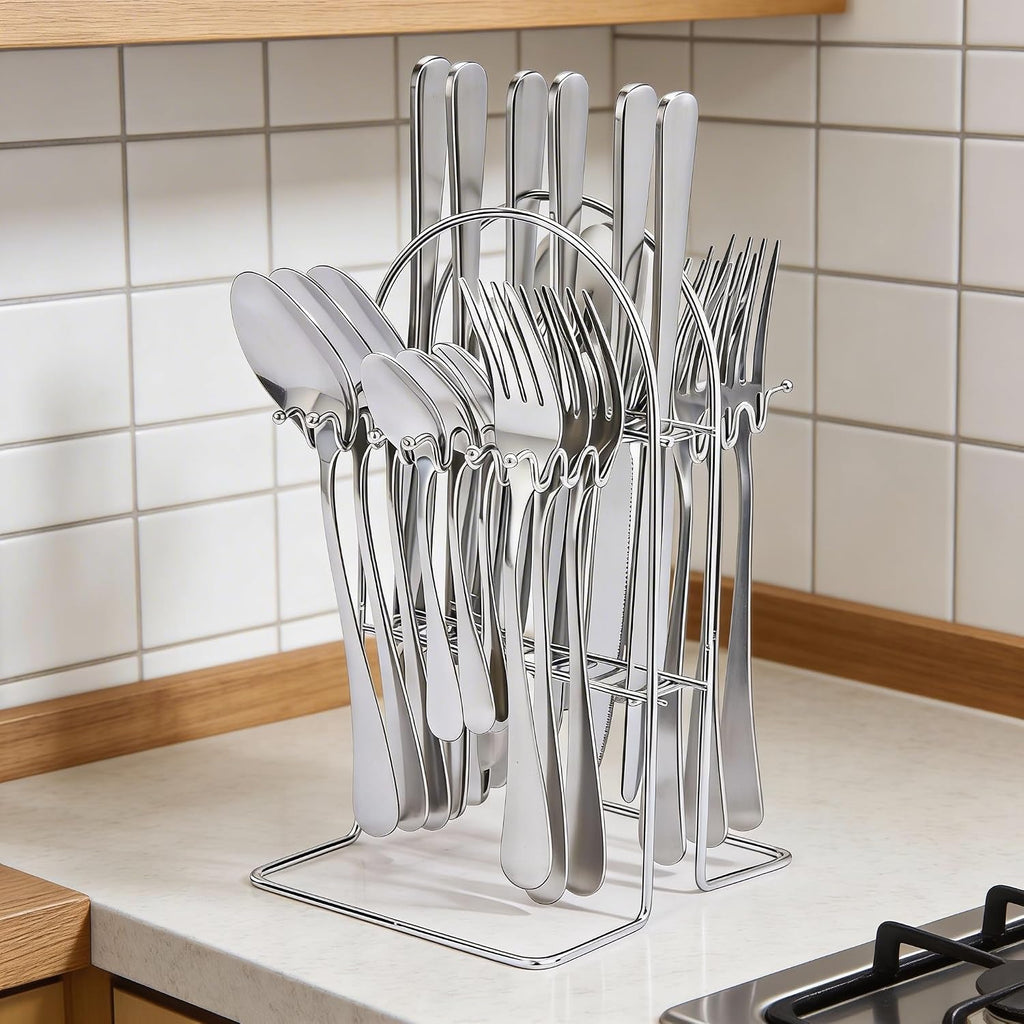 Premium 24-Piece Silverware Set with Holder/Organizer, Modern Design Spoons, Forks, Dinner Knives, Dessert Spoons