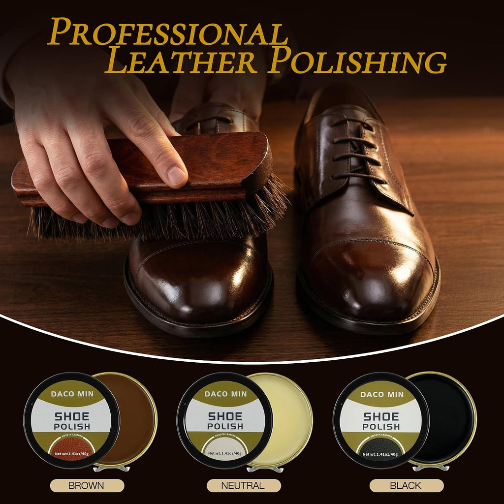 13-Pcs Complete Shoe Shine Kit & Leather Boot Care and Cleaning Kit - 100% Horsehair Brushes, Mink Oil, Saddle Soap