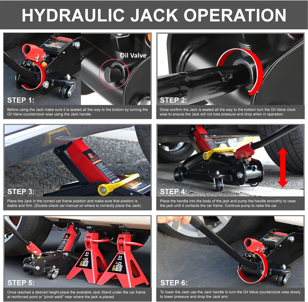 2 Ton Car Jack and Stands Kit Red/Black | 2T(4000 lbs) Capacity Low Profile Hydraulic Trolley Service/Floor Jack