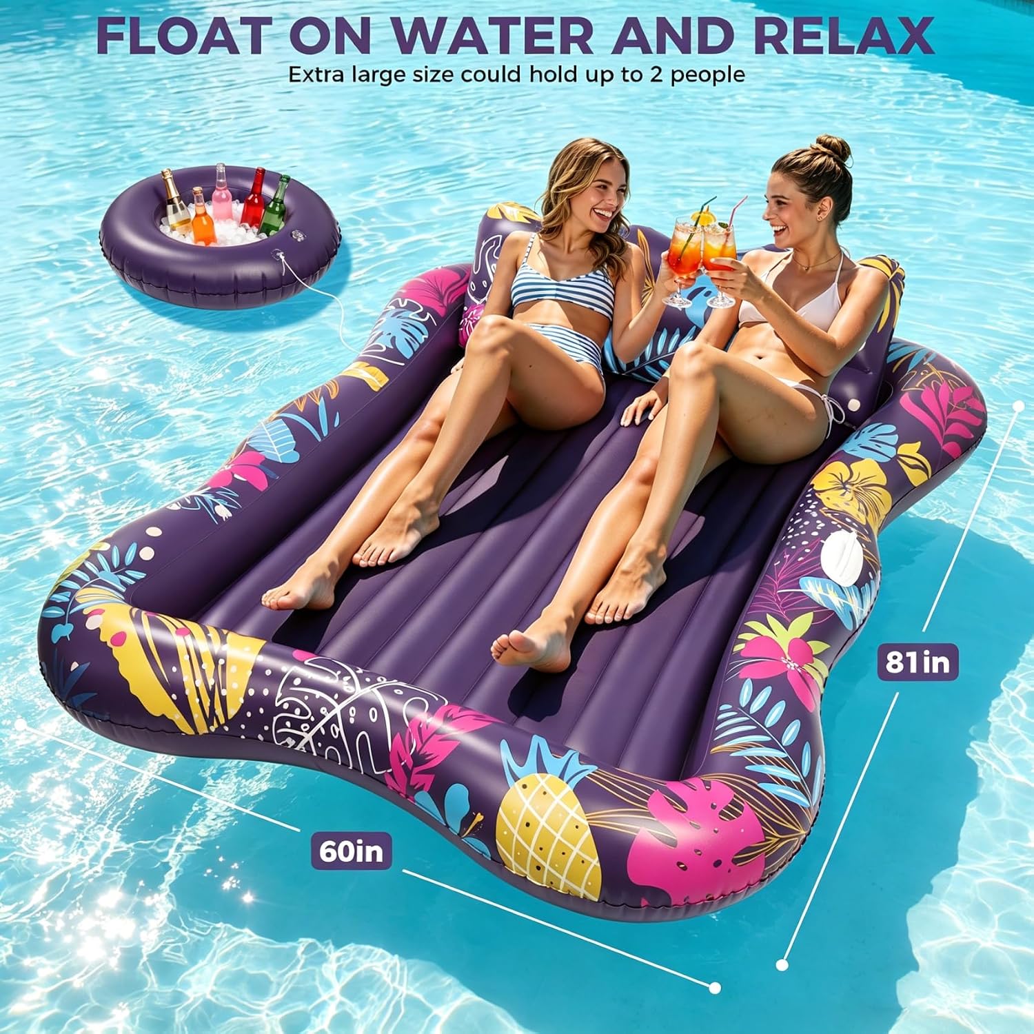 Extra Large Pool Floats Adult, 81" x 60" Inflatable Tanning Pool Lounger Float with Pillow and Cup Holders, Sun