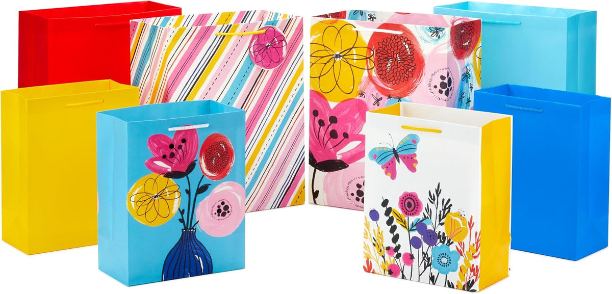 Gift Bag Assortment, 8-Pack (Flowers, Blue, Red, Yellow, Pink)