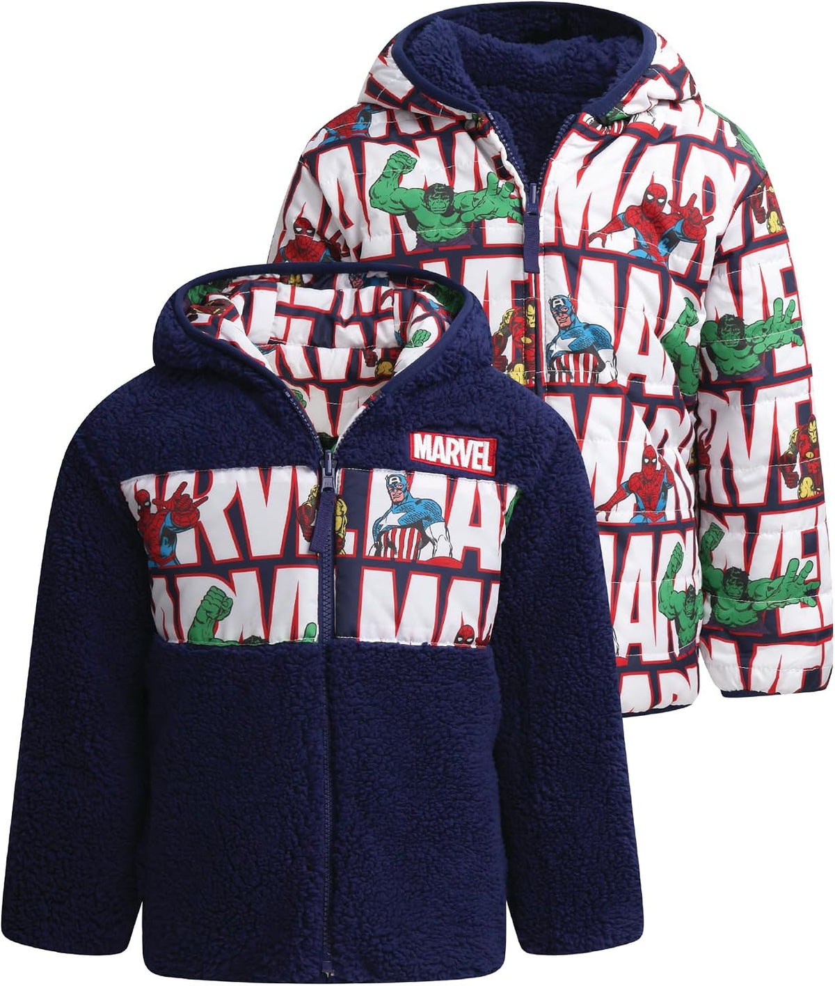Spider-Man Boys Reversible Puffer Jacket Sherpa Fleece Lined Coat | Officially Licensed, Warm Cozy Two Sided Design