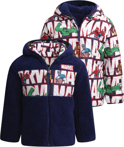 Spider-Man Boys Reversible Puffer Jacket Sherpa Fleece Lined Coat | Officially Licensed, Warm Cozy Two Sided Design