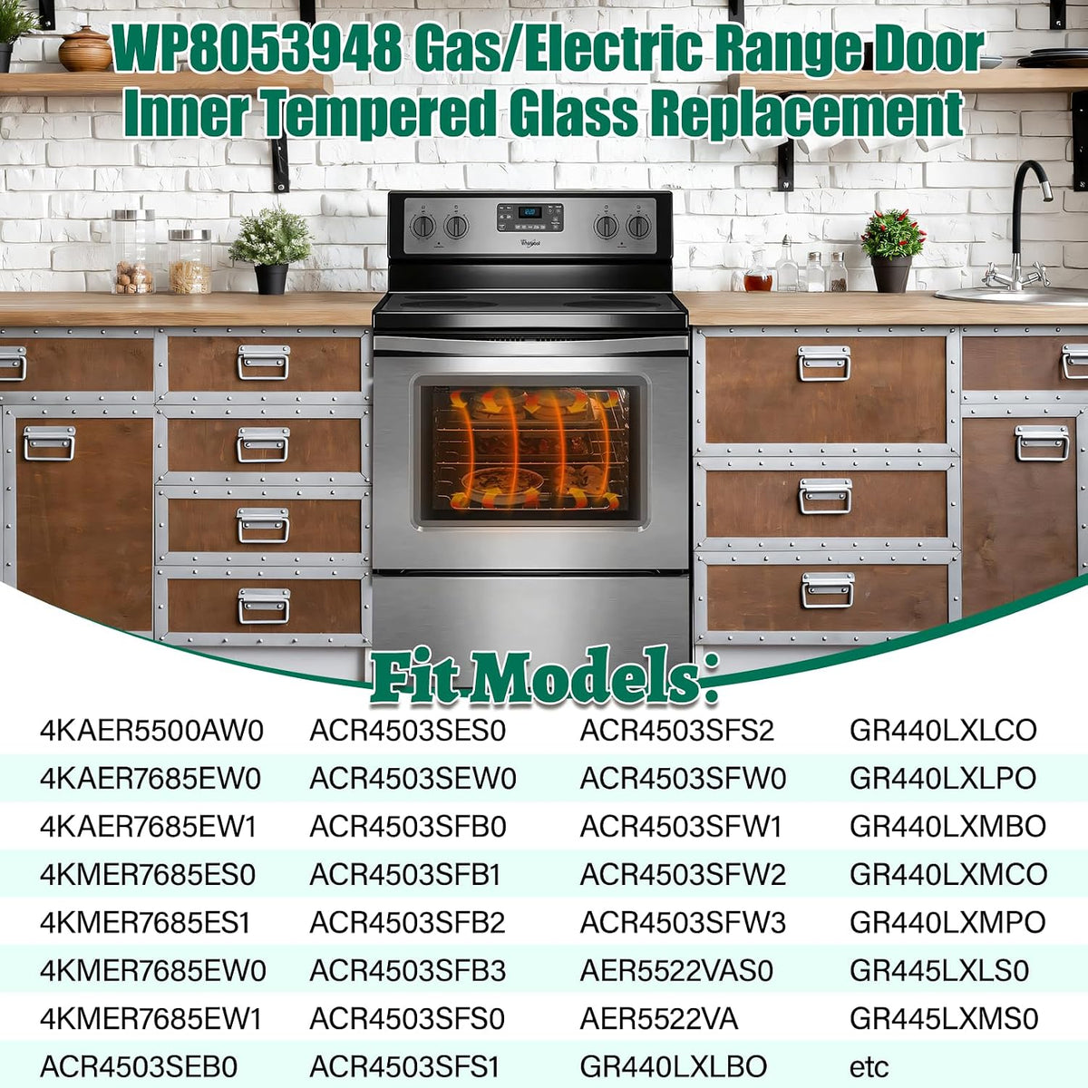 Upgraded WP8053948 Gas/Electric Range Door Inner Tempered Glass Replacement Compatible with Whirlpool Oven Stove FGS326RD0, FGS326RD1, GR440LXLB0, GR440LXLC0, Microwave Combo Replacement Parts