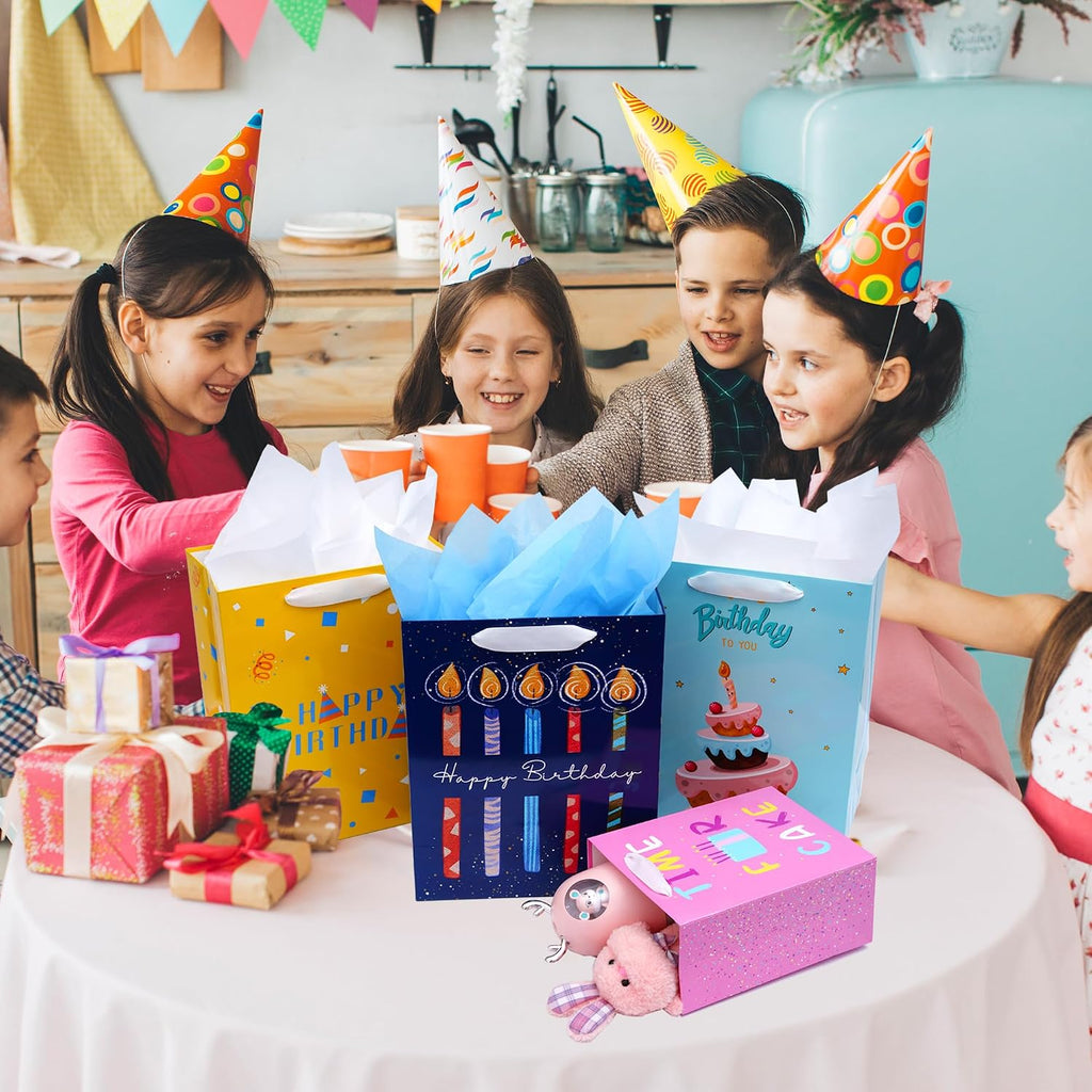 8 Pack Birthday Gift Bags Assorted Sizes with Tissue Paper