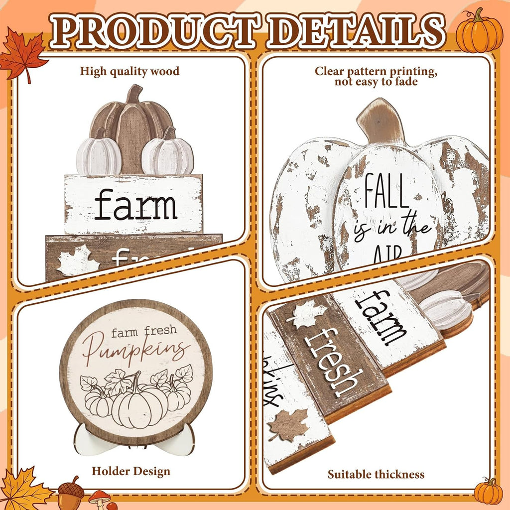 21 Pcs Fall Tiered Tray Decor Set, Rustic Farmhouse Thanksgiving Whitewashed Wooden Signs Gnome Truck Pumpkin Wood