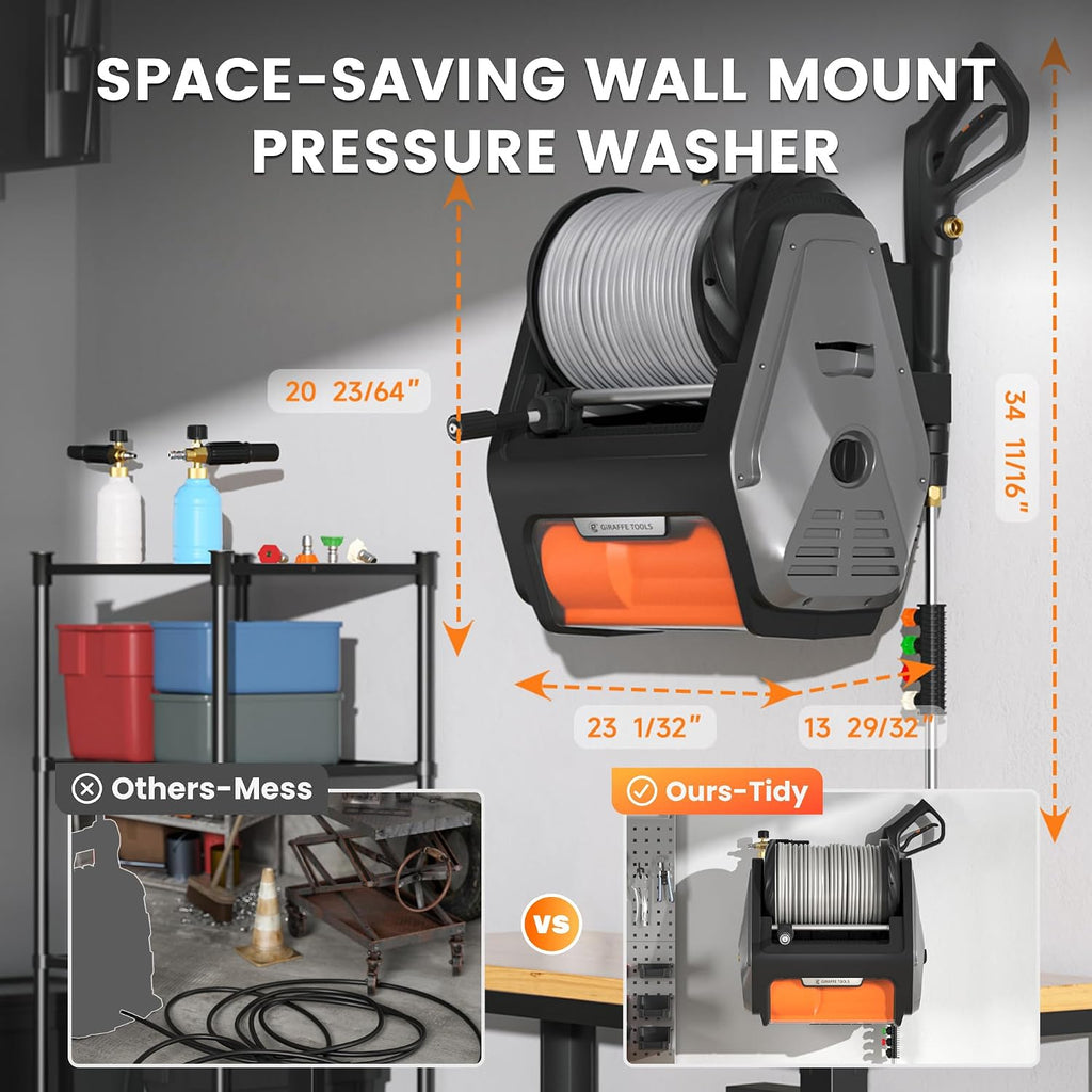 Grandfalls Retractable Wall Mounted Pressure Washer Pro, 3700 PSI, 1.6 GPM Electric Power Washer, Automatic Rewind
